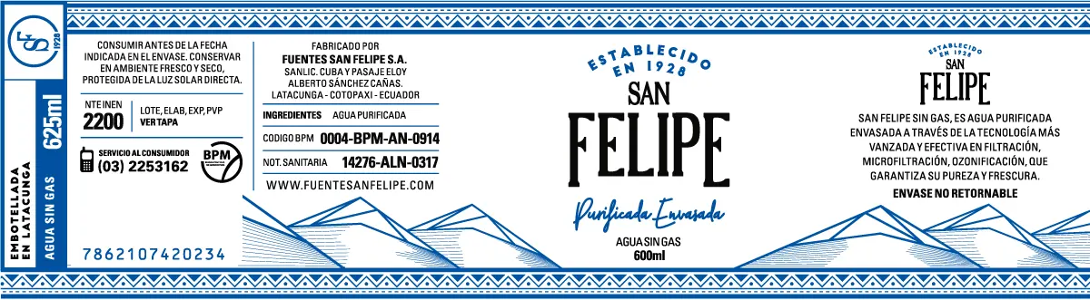 Etiqueta de 600ml para Agua San Felipe sin gas